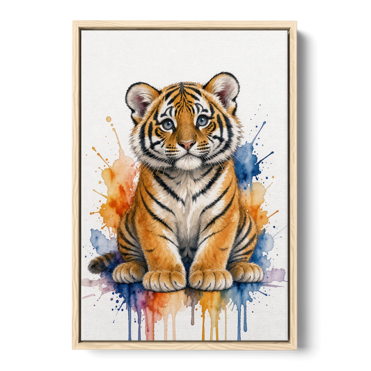 Tiger Cub in Orange and Cobalt Splashes - Oak Framed Canvas Wall Art - Front