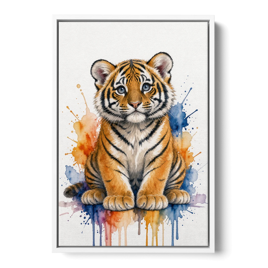 Tiger Cub in Orange and Cobalt Splashes - White Framed Canvas Wall Art - Front