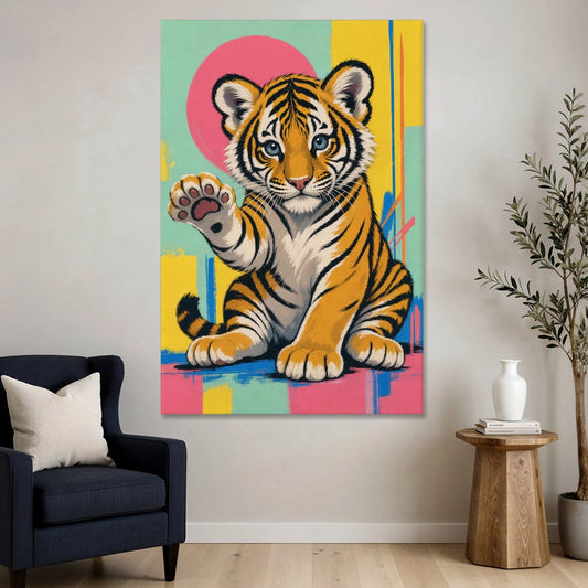 Tiger Cub with Raised Paw in Pop Color - Canvas Wall Art - Sofa - 40x60
