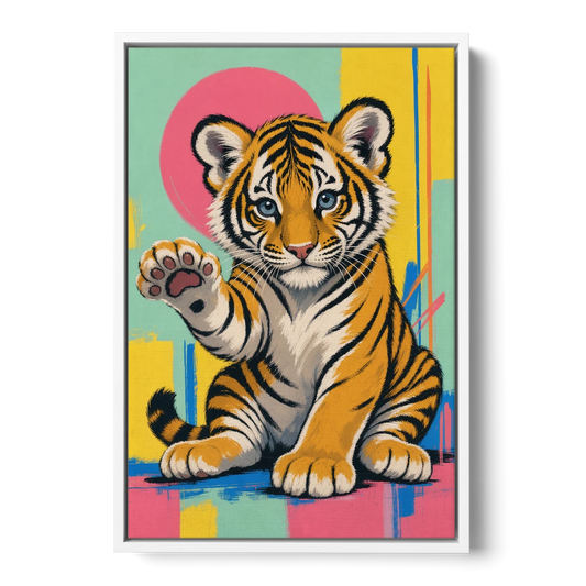 Tiger Cub with Raised Paw in Pop Color - White Framed Canvas Wall Art - Front