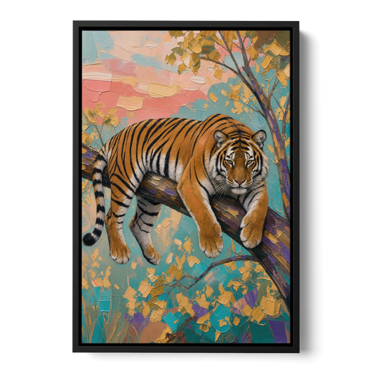 Tiger Draped on a Tree Branch - Black Framed Canvas Wall Art - Front