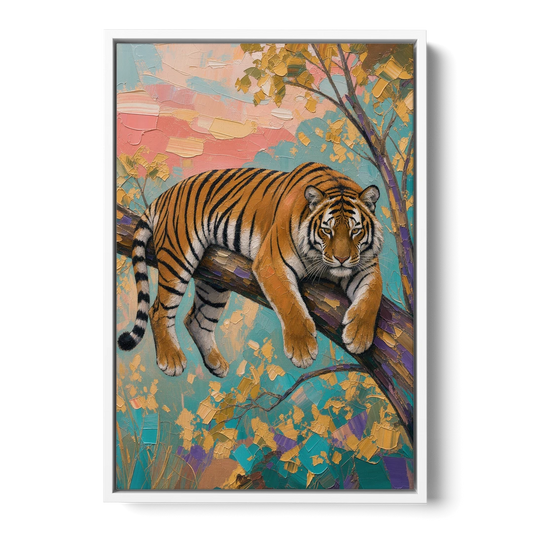 Tiger Draped on a Tree Branch - White Framed Canvas Wall Art - Front