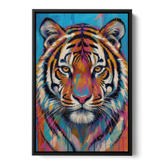 Tiger Face Canvas in Magenta and Teal - Black Framed Canvas Wall Art - Front