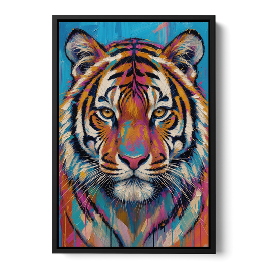 Tiger Face Canvas in Magenta and Teal - Black Framed Canvas Wall Art - Front