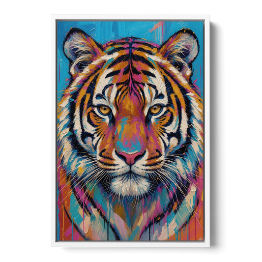 Tiger Face Canvas in Magenta and Teal - White Framed Canvas Wall Art - Front