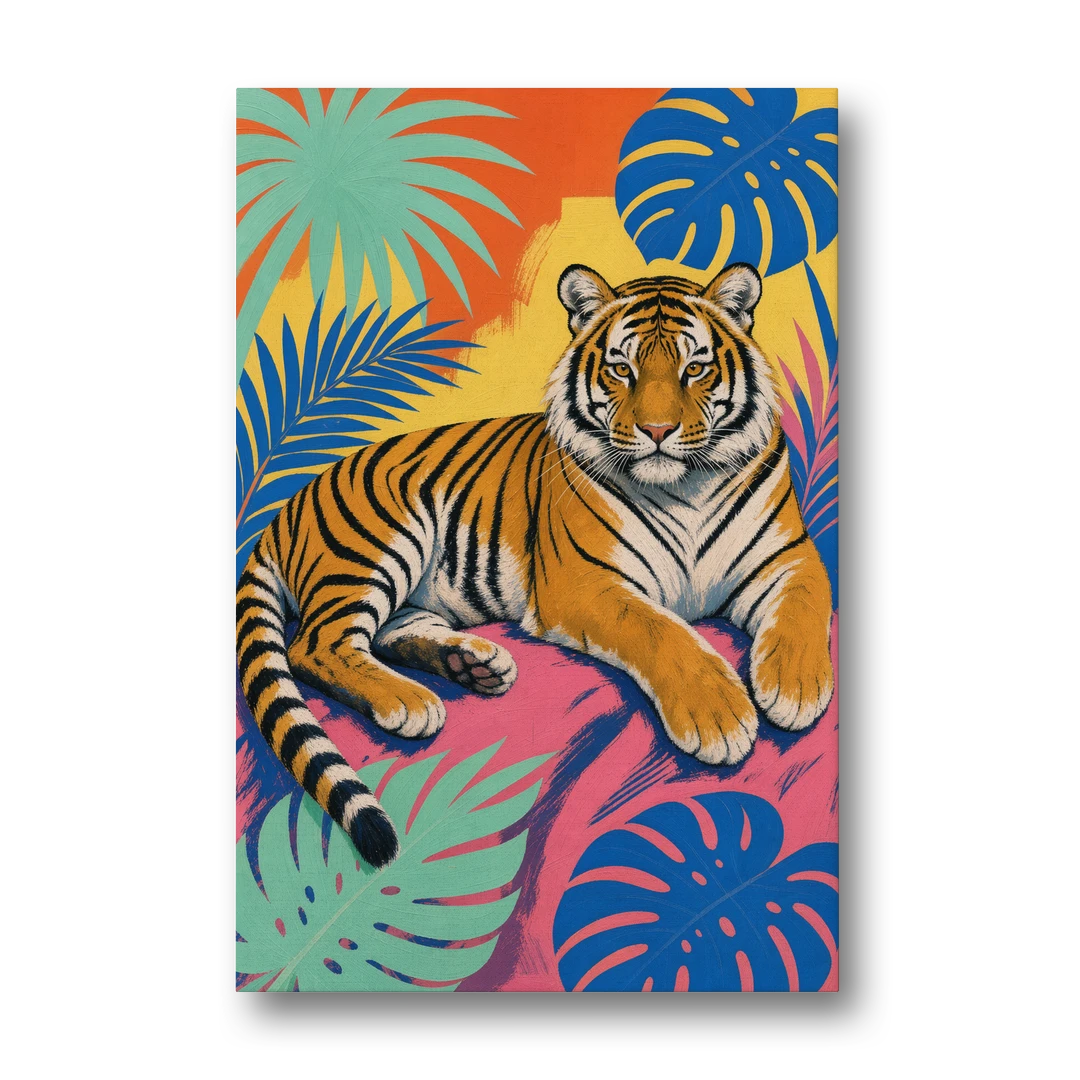 Tiger Lounging Among Monstera and Palms - Canvas Wall Art - Front