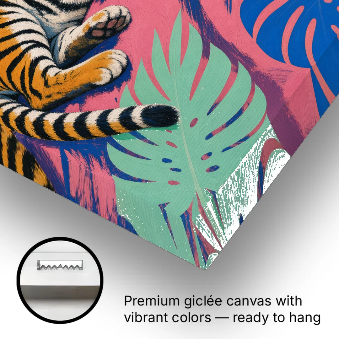 Tiger Lounging Among Monstera and Palms - Canvas Wall Art - Gallery Wrap Corner