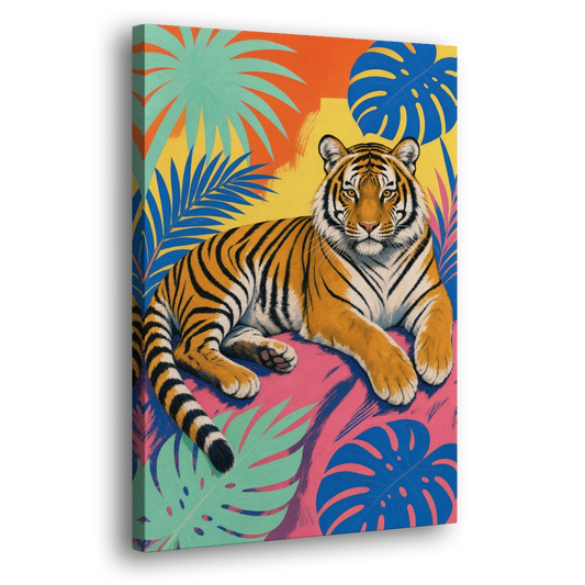 Tiger Lounging Among Monstera and Palms - Canvas Wall Art - Side