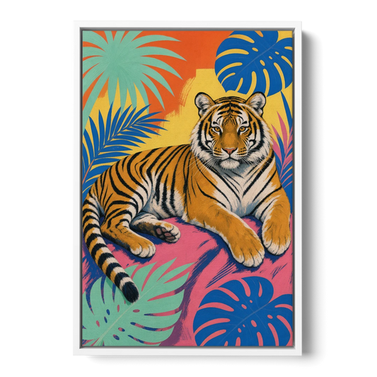 Tiger Lounging Among Monstera and Palms - White Framed Canvas Wall Art - Front