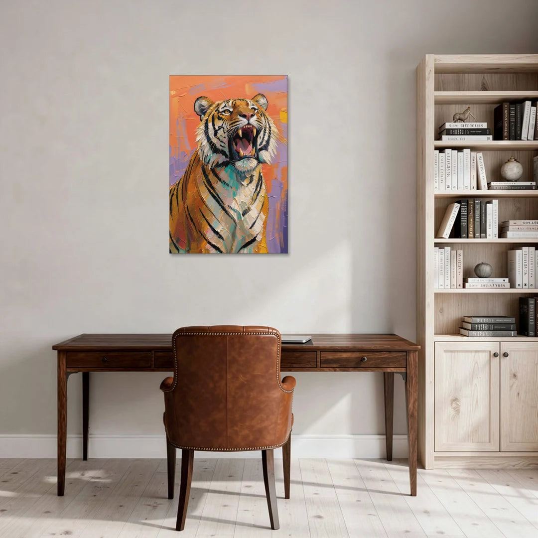 Tiger Oil Painting Roaring Skyward - Canvas Wall Art - Office - 24x36