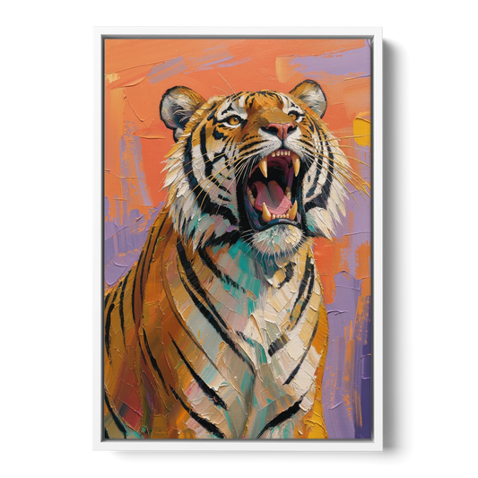 Tiger Oil Painting Roaring Skyward - White Framed Canvas Wall Art - Front
