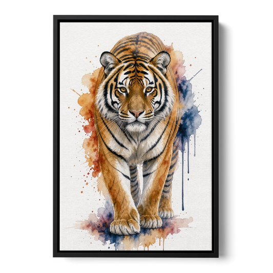 Tiger Watercolor Painting in Indigo Bloom - Black Framed Canvas Wall Art - Front