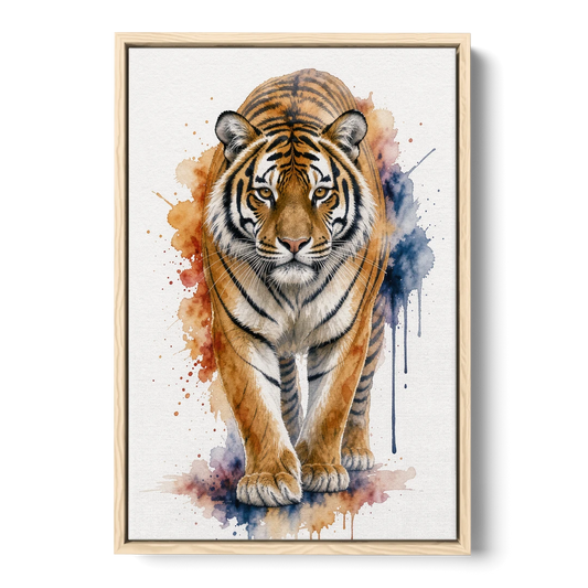 Tiger Watercolor Painting in Indigo Bloom - Oak Framed Canvas Wall Art - Front
