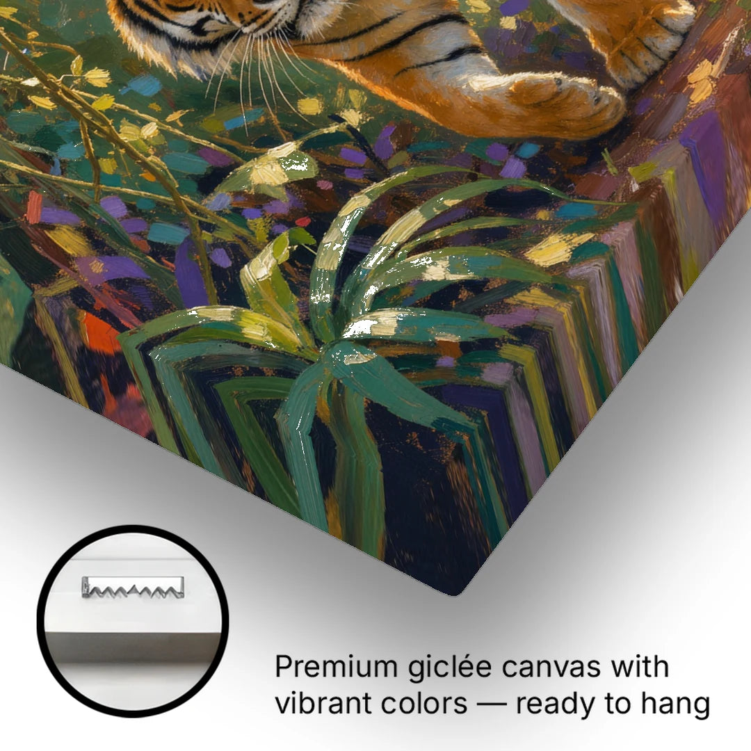 Tiger in Jungle Painting at Golden Hour - Canvas Wall Art - Gallery Wrap Corner