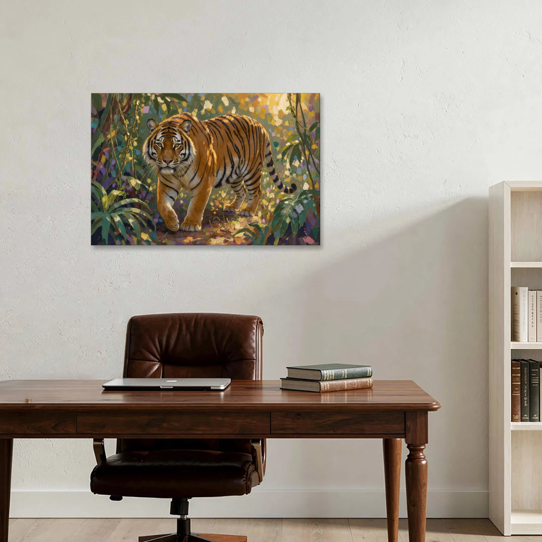 Tiger in Jungle Painting at Golden Hour - Canvas Wall Art - Office - 36x24