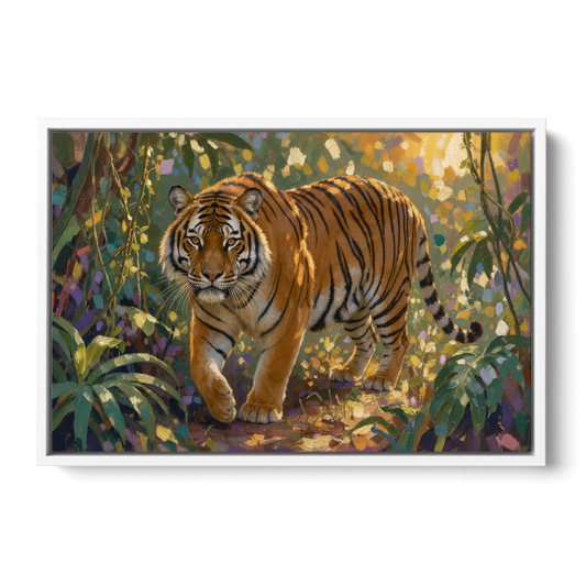 Tiger in Jungle Painting at Golden Hour - White Framed Canvas Wall Art - Front