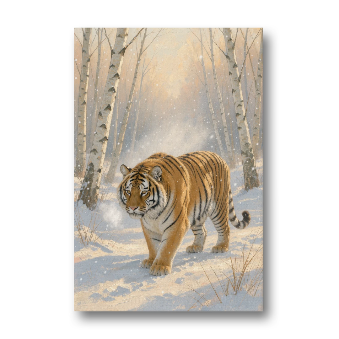 Tiger in Snow Painting Among the Birches - Canvas Wall Art - Front
