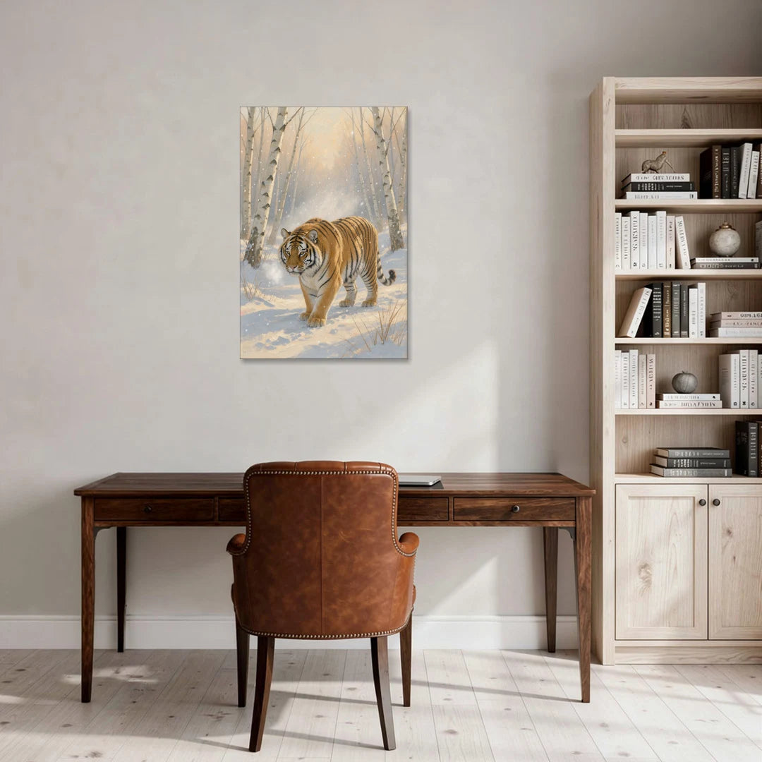 Tiger in Snow Painting Among the Birches - Canvas Wall Art - Office - 24x36