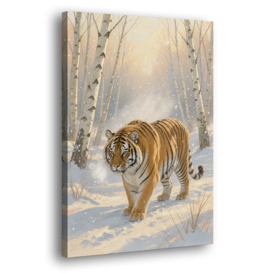 Tiger in Snow Painting Among the Birches - Canvas Wall Art - Side