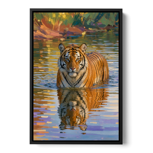 Tiger in Water Painting With Broken Reflection - Black Framed Canvas Wall Art - Front