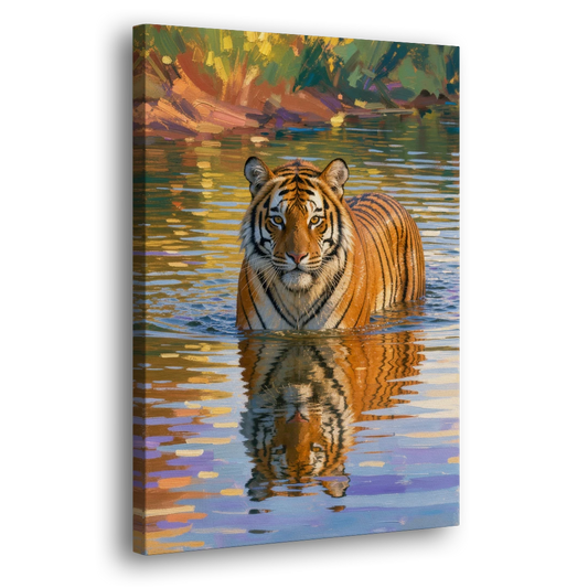 Tiger in Water Painting With Broken Reflection - Canvas Wall Art - Side