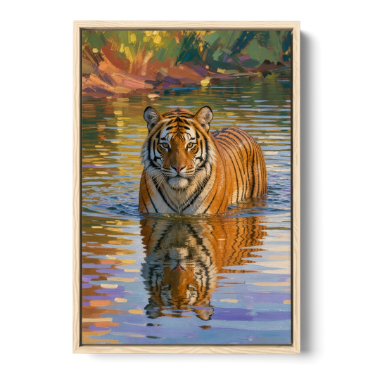 Tiger in Water Painting With Broken Reflection - Oak Framed Canvas Wall Art - Front