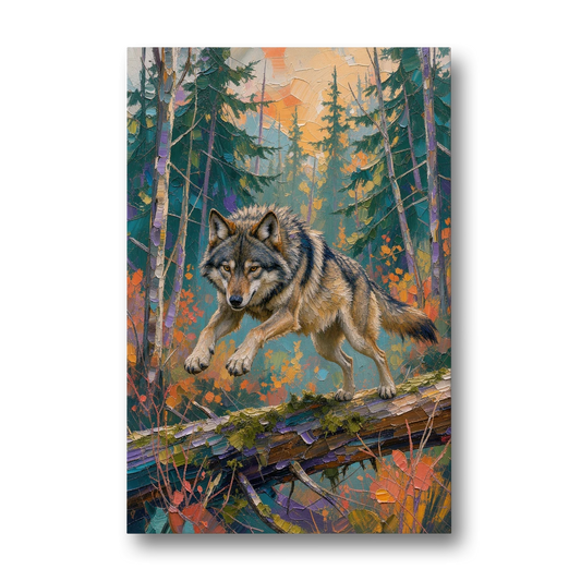 Timber Wolf Painting Leaping the Mossy Log - Canvas Wall Art - Front