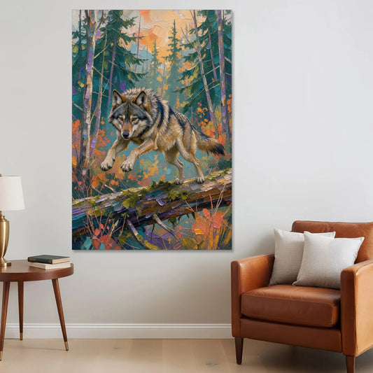 Timber Wolf Painting Leaping the Mossy Log - Canvas Wall Art - Sofa - 40x60