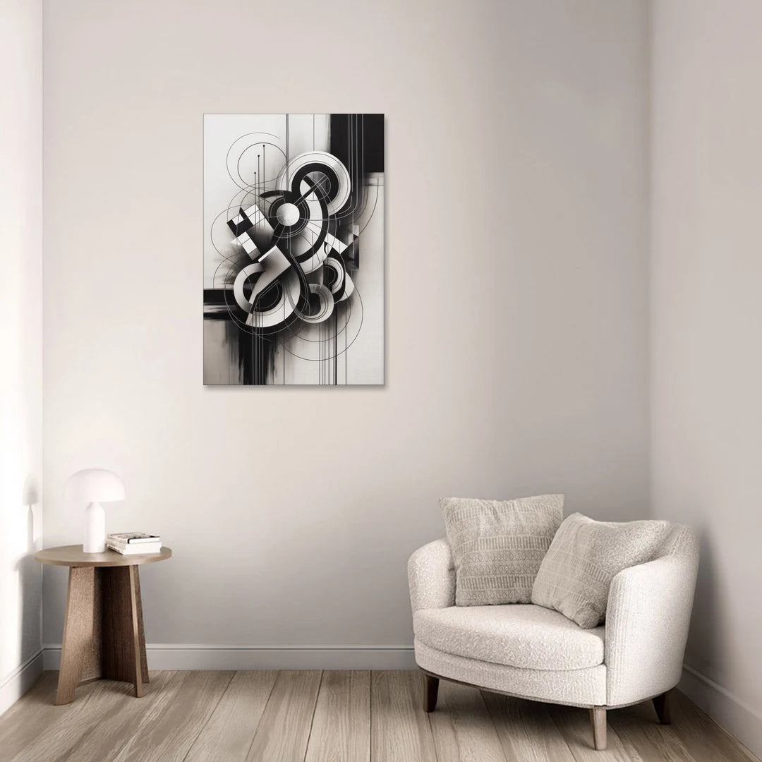 Timeless Geometric Fluidity Black and White Abstract - Canvas Wall Art - Sofa - 24x36