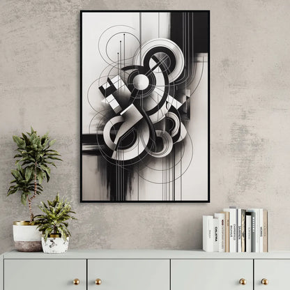 Timeless Geometric Fluidity Black and White Abstract Sitting Room - Black Canvas Wall Art