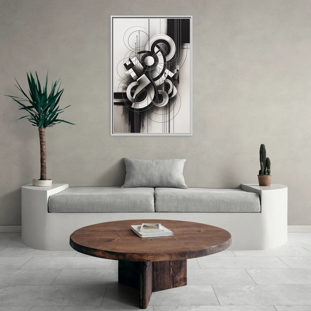 Timeless Geometric Fluidity Black and White Abstract - Living Room White Frame Canvas