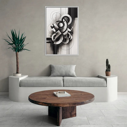 Timeless Geometric Fluidity Black and White Abstract - Living Room White Frame Canvas