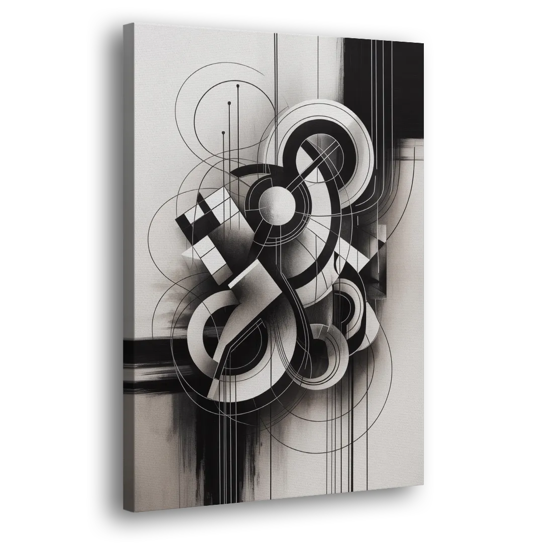 Timeless Geometric Fluidity Black and White Abstract Side - Canvas Wall Art
