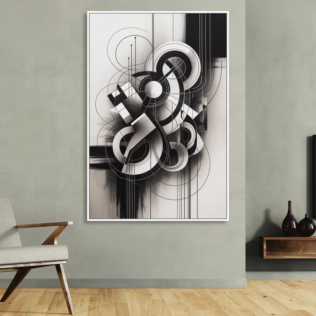 Timeless Geometric Fluidity Black and White Abstract Living Room - White Canvas Wall Art