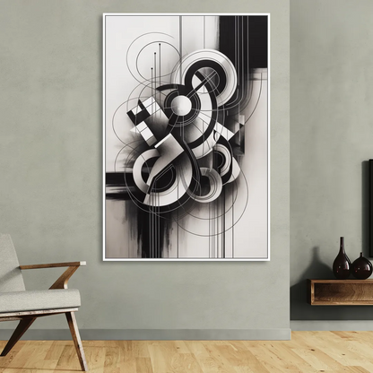 Timeless Geometric Fluidity Black and White Abstract Living Room - White Canvas Wall Art