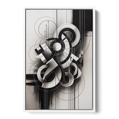Timeless Geometric Fluidity Black and White Abstract - White Frame Canvas