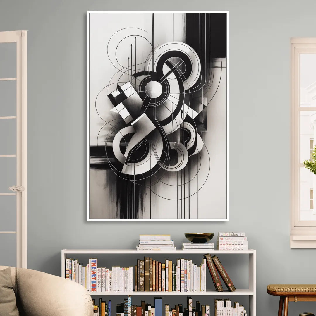 Timeless Geometric Fluidity Black and White Abstract Sitting Room - White Canvas Wall Art