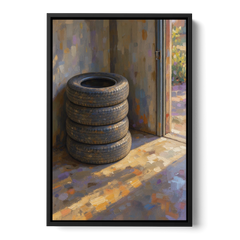 Tire Wall Art of Four Tires in Morning Light - Black Framed Canvas Wall Art - Front