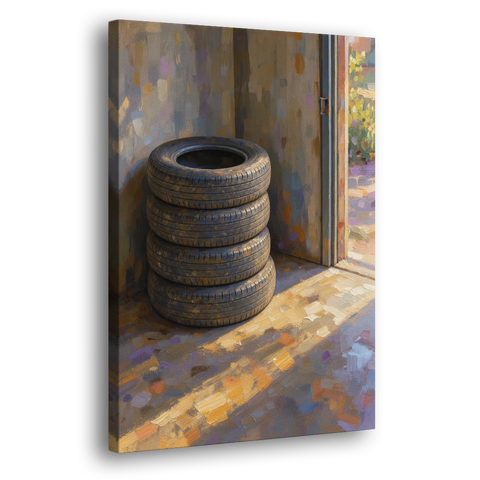 Tire Wall Art of Four Tires in Morning Light - Canvas Wall Art - Side