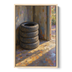 Tire Wall Art of Four Tires in Morning Light - Oak Framed Canvas Wall Art - Front