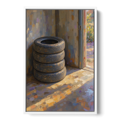 Tire Wall Art of Four Tires in Morning Light - White Framed Canvas Wall Art - Front