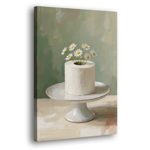 Toilet Paper Painting with Chamomile on a Cake Stand - Canvas Wall Art - Side