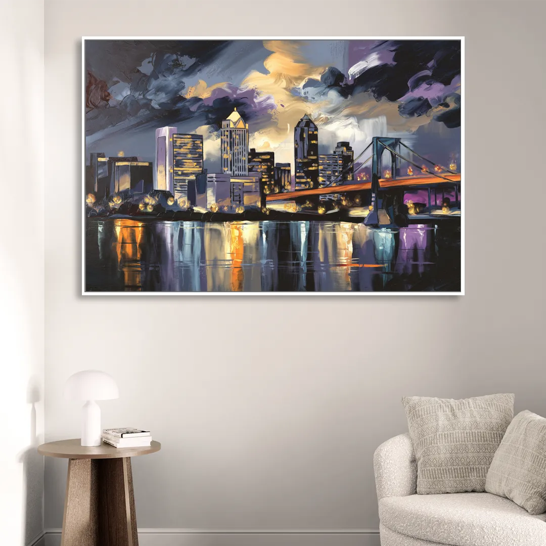 Toledo Nighttime Skyline Sitting Room - White Canvas Wall Art
