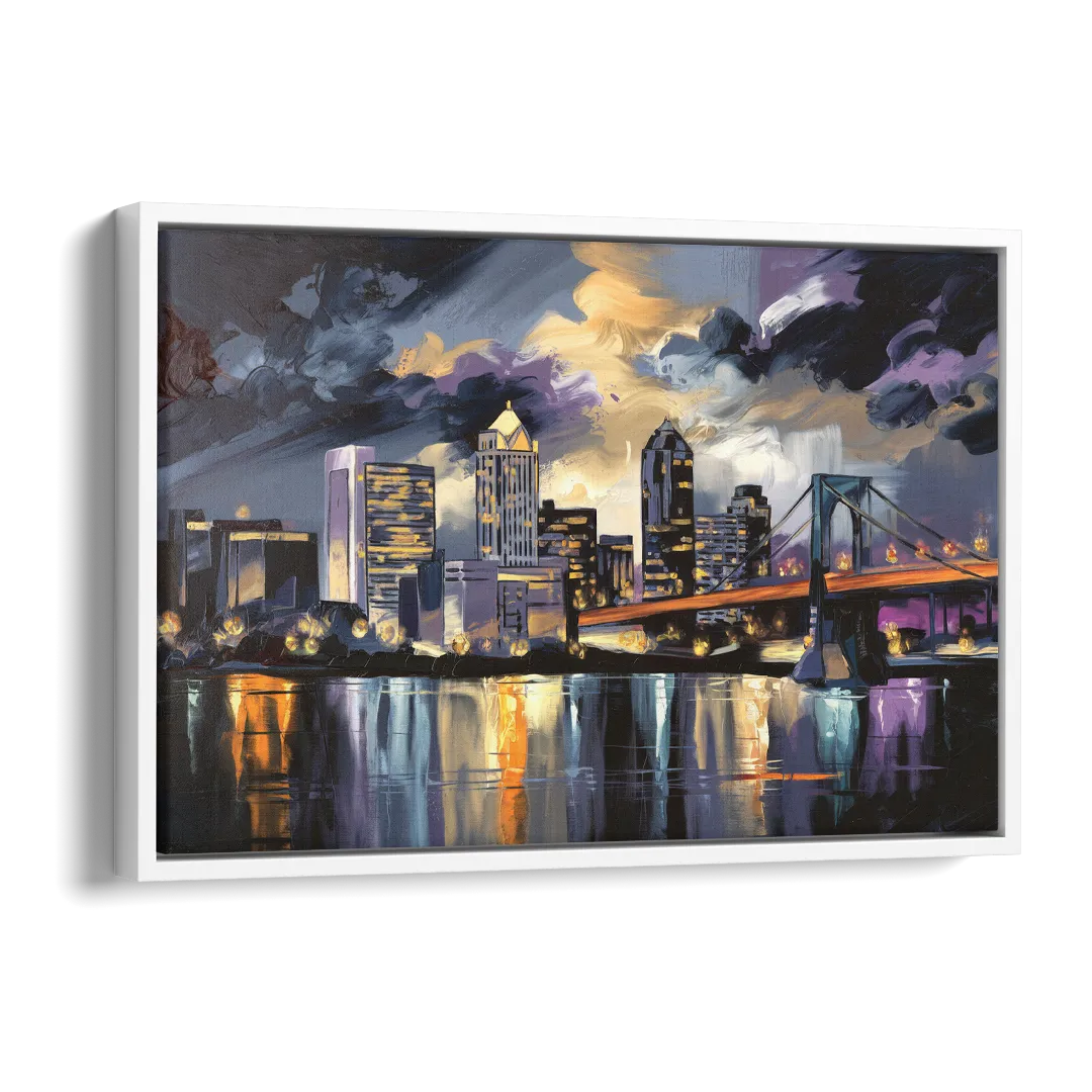 Toledo Nighttime Skyline Side - White Canvas Wall Art