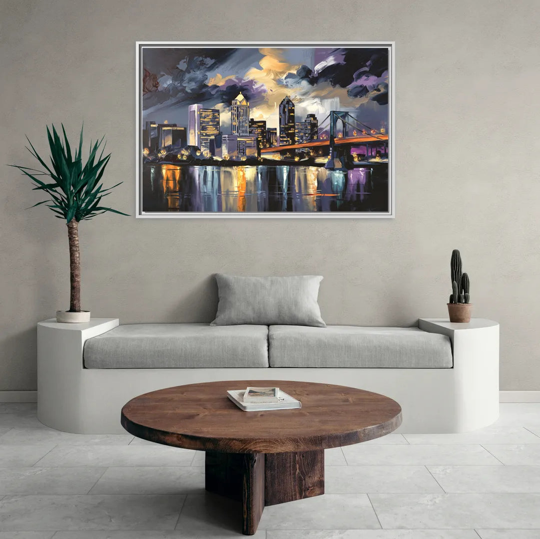 Toledo Nighttime Skyline - Living Room White Frame Canvas