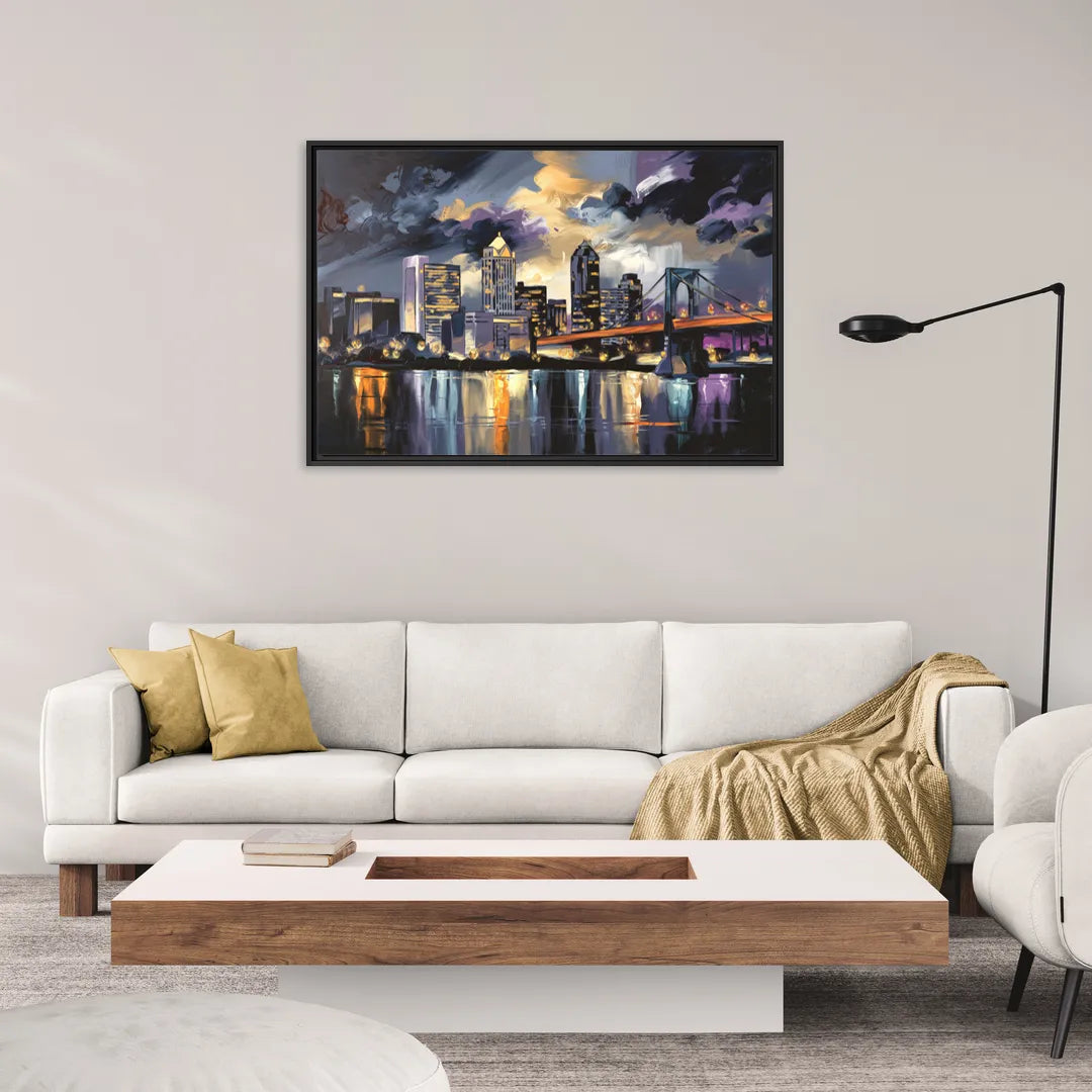 Toledo Nighttime Skyline - Living Room Black Frame Canvas