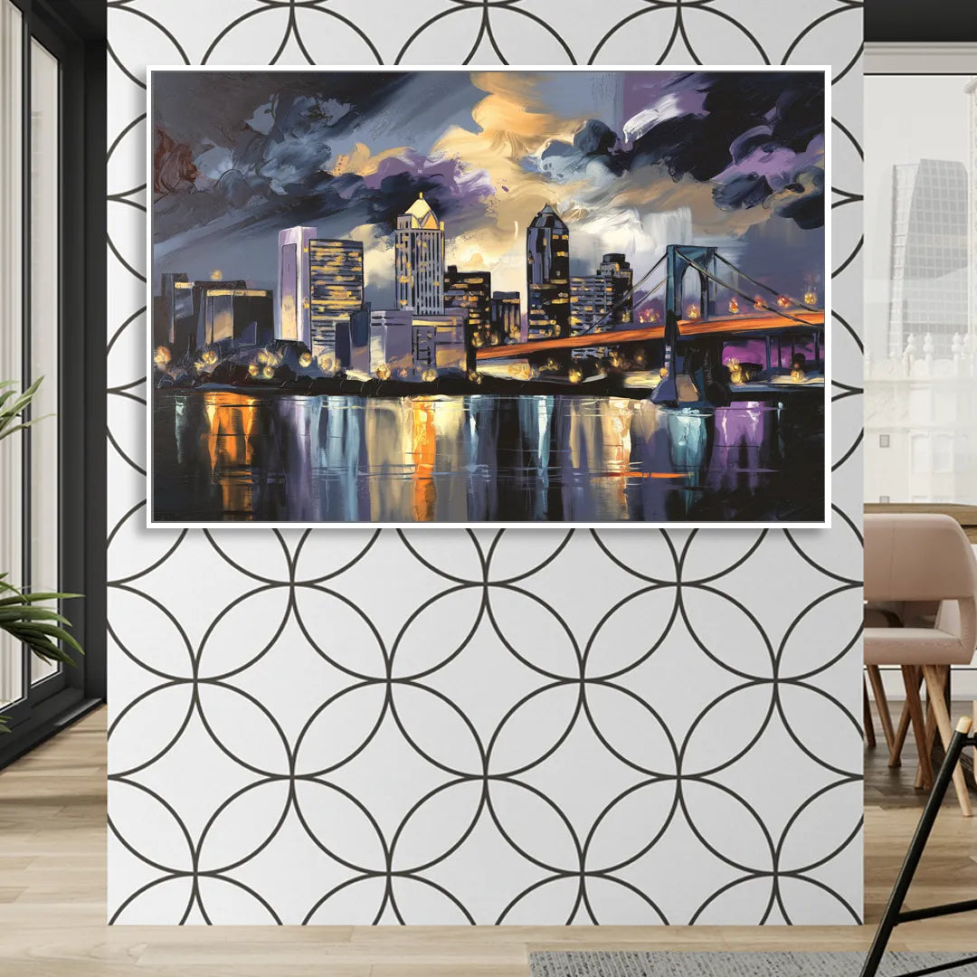 Toledo Nighttime Skyline Living Room - White Canvas Wall Art