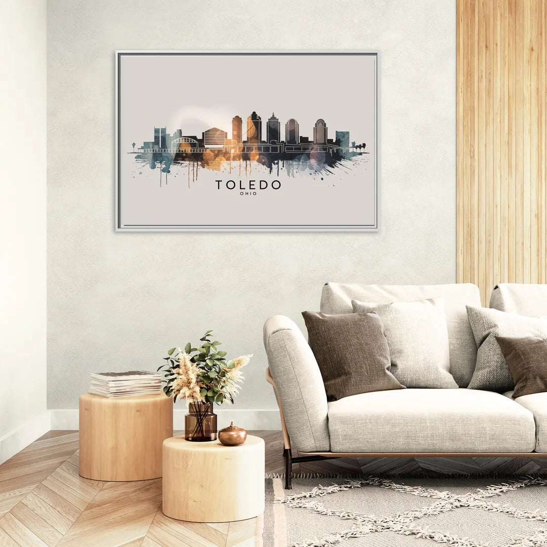 Toledo Skyline Panorama - Living Room White Frame Canvas