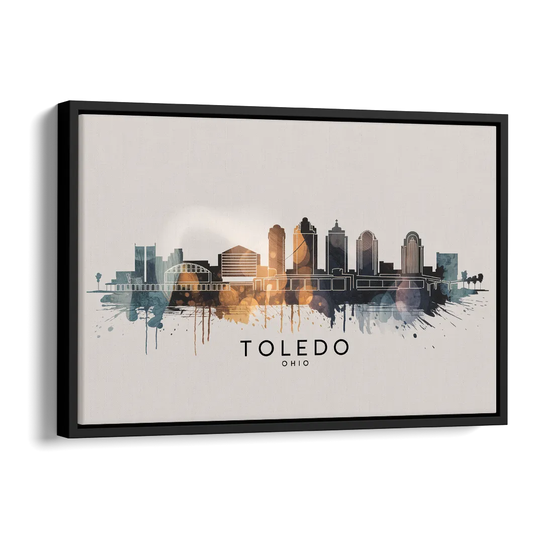 Toledo Skyline Panorama Side - Black Canvas Wall Art