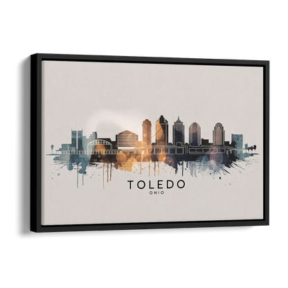 Toledo Skyline Panorama Side - Black Canvas Wall Art